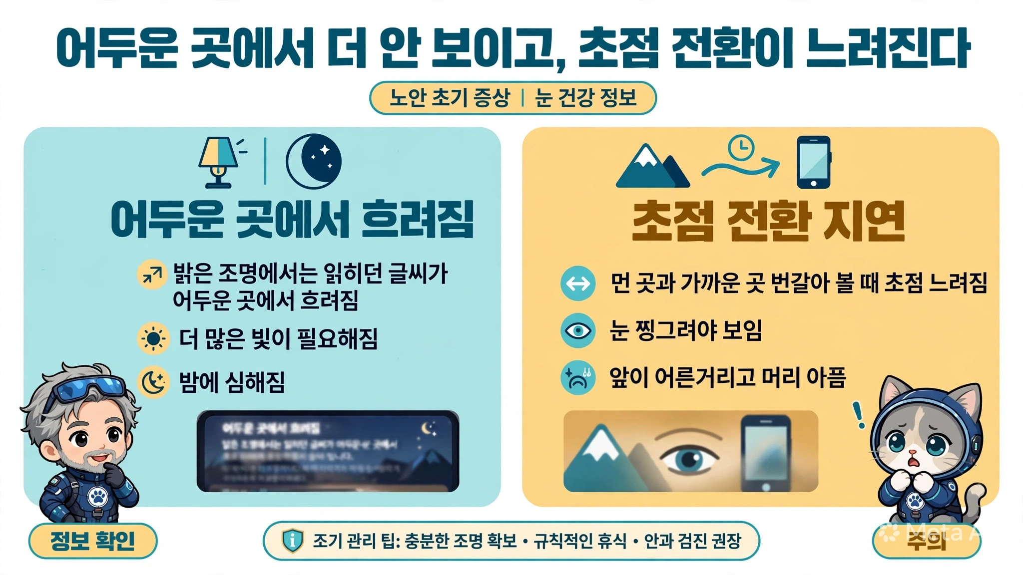 노안 어두운 곳에서 안 보임 초점 전환 지연 인포그래픽