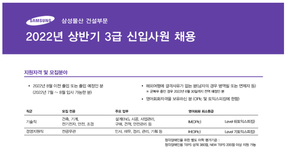 삼성물산 건설부문 채용 - 3급 신입사원