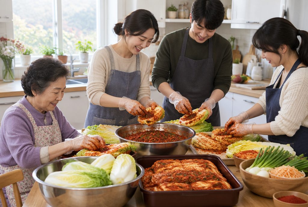 김장 허리 통증을 줄이려 식탁 높이에서 함께 김장하는 가족