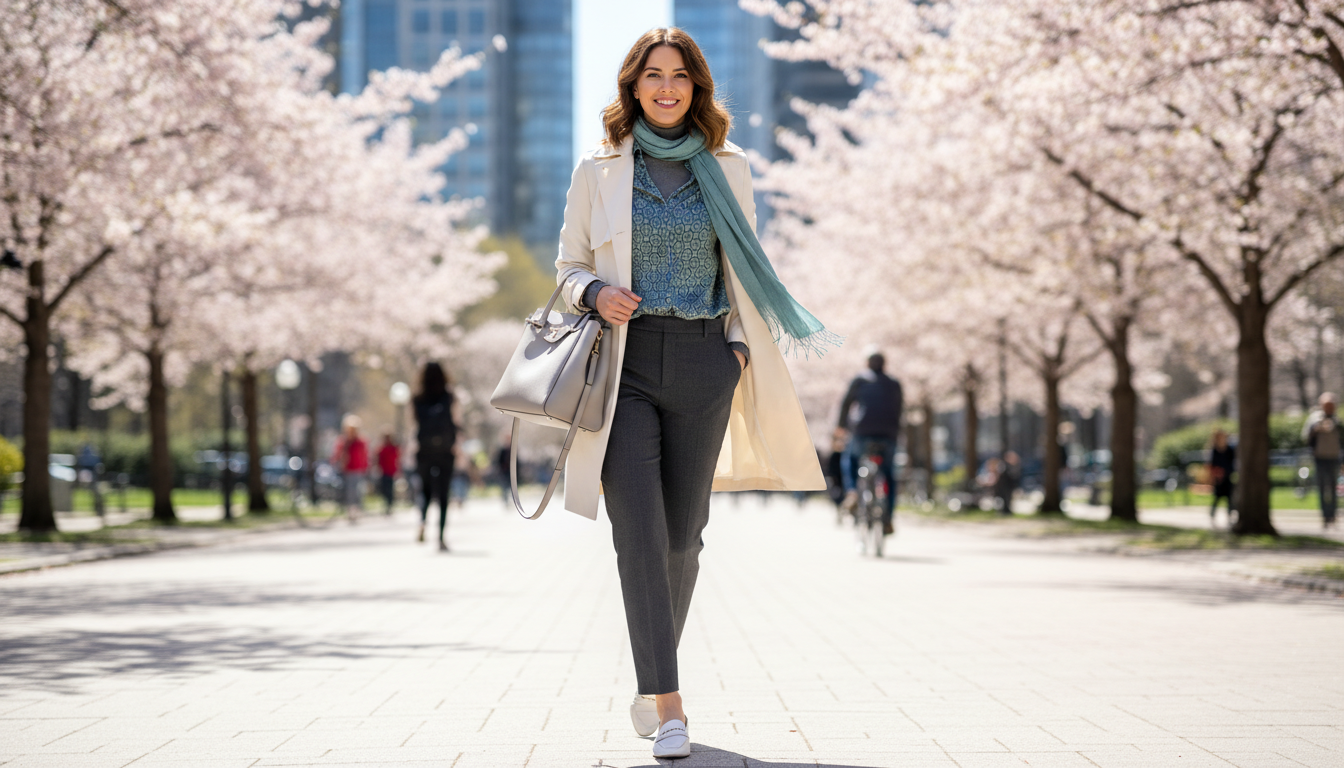 화창한 봄날, 도심 공원을 활기차게 걷는 20대 후반 여성. 얇은 트렌치코트와 블라우스, 슬랙스로 10도 봄날 일교차에 대비한 세련된 출근룩을 연출했으며, 배경은 벚꽃과 빌딩 숲이 어우러진 현대적인 풍경입니다.
