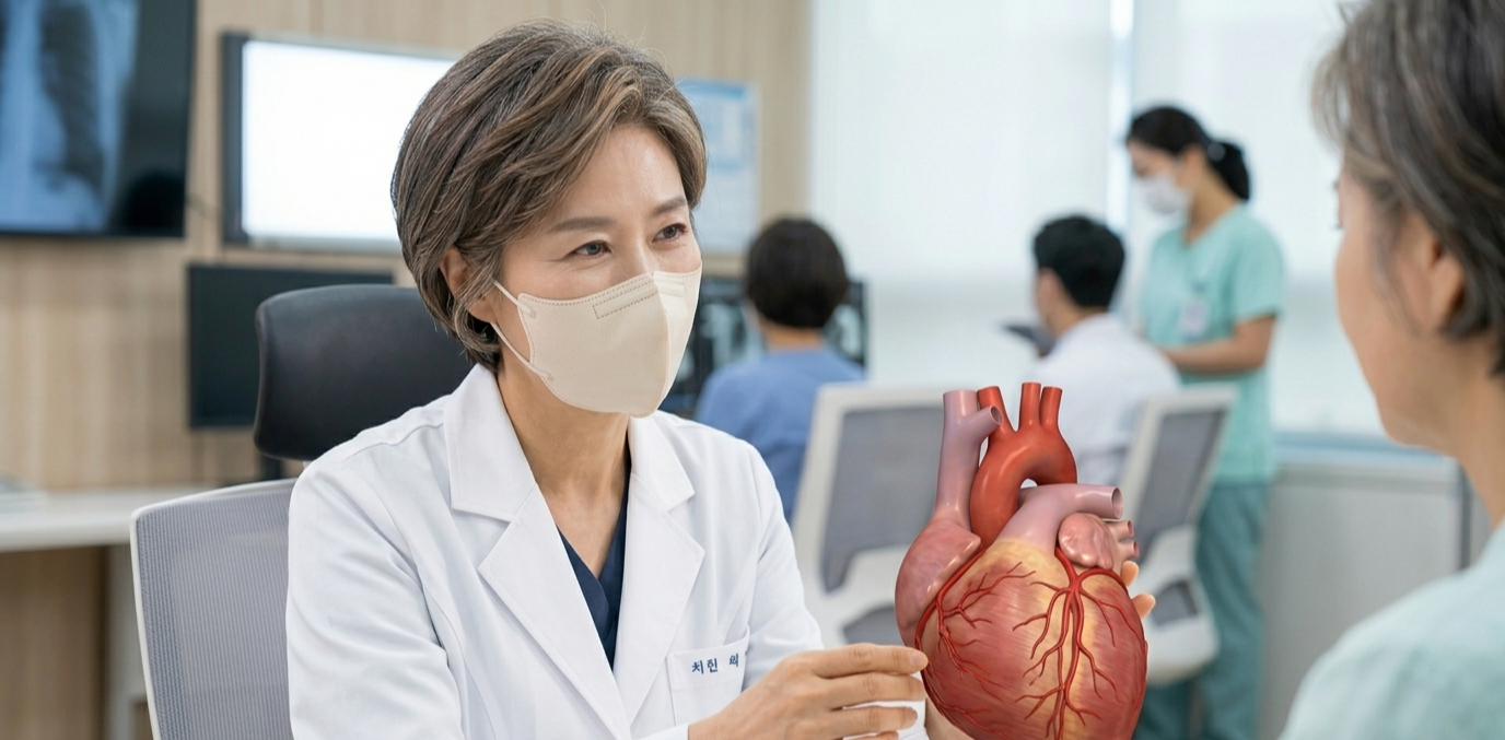현대적인 병원 상담실에서 middle-aged Korean physician이 하얀 가운을 입고 중년 여성 환자에게 3D 인체 혈관 모형을 사용하여 갱년기 호르몬 감소에 따른 심혈관 위험성을 설명하고 있다. 에스트로겐의 보호 효과가 줄어들어 LDL 콜레스테롤이 상승하고 심혈관 위험이 남성과 비슷해진다는 것을 명확하게 전달하는 professional atmosphere.
