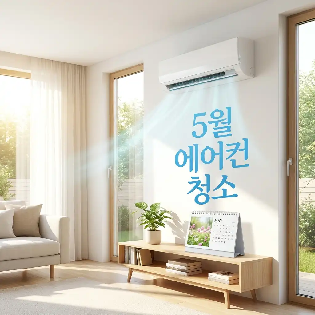5월 달력이 놓인 거실에서 쾌적한 바람이 나오는 벽걸이 에어컨의 모습으로, 여름 전 5월이 에어컨 청소의 황금기임을 보여줍니다.