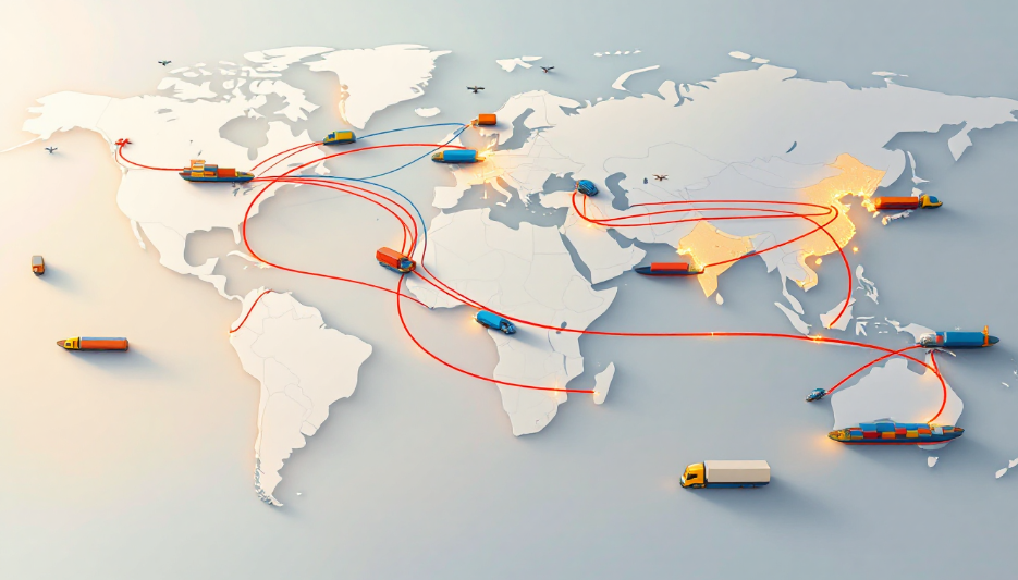 공급망 다변화를 상징하는 대체 공급경로와 화물 운송 이미지