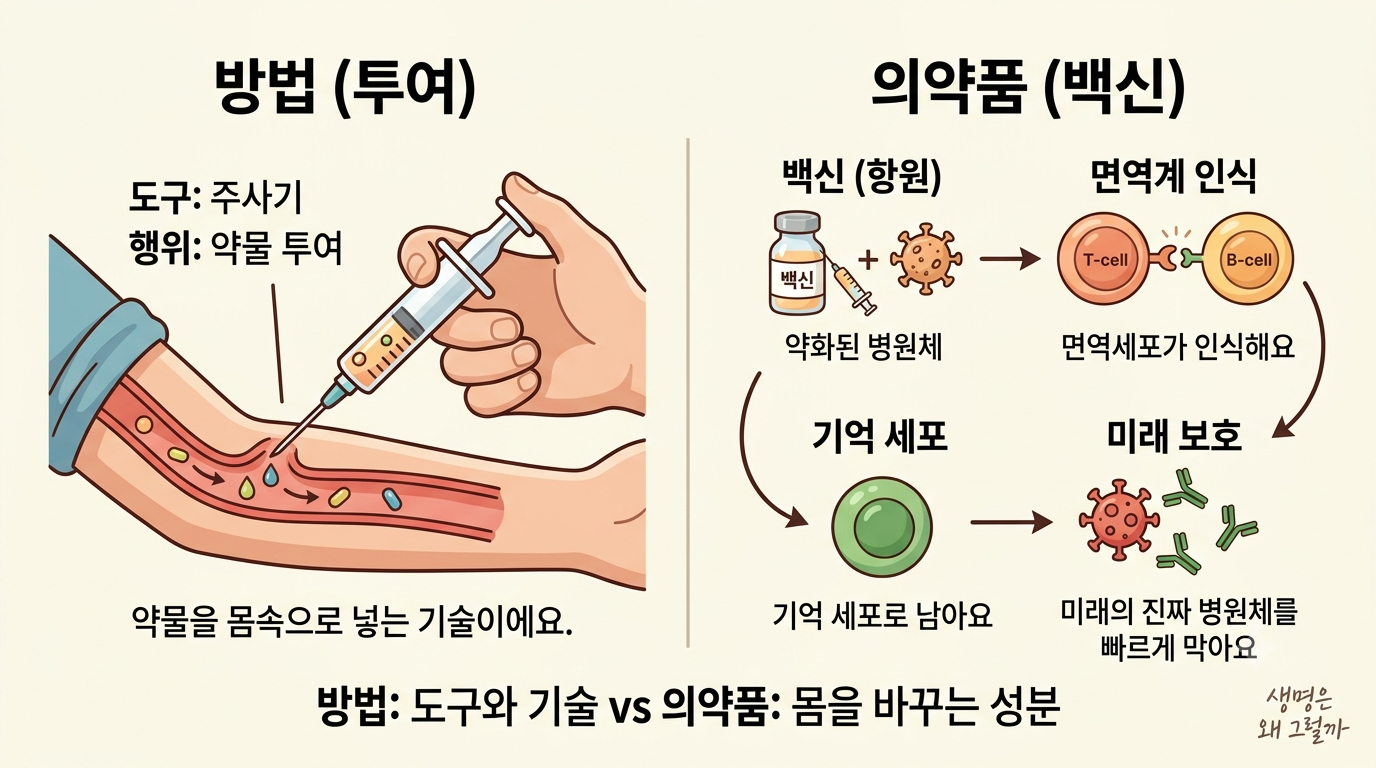 주사는 몸에 물질을 전달하는 방법이고, 백신은 면역계가 특정 병원체에 대비하도록 돕는 의약품입니다.