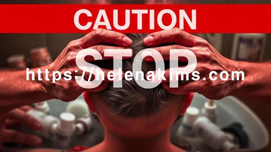 뜨거운 물, 거친 손톱으로 두피를 긁는 모습, 정체를 알 수 없는 화학 제품들이 혼재된 이미지 위로, '주의(CAUTION)' 또는 '금지(STOP)'를 의미하는 빨간색 경고 표지판이 선명하게 오버레이되어 있습니다.