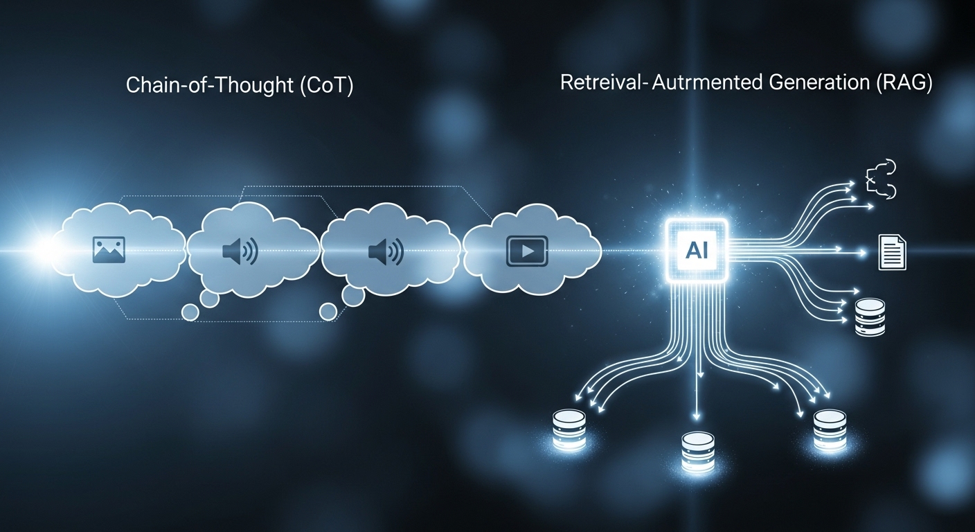 Chain-of-Thought(CoT)와 Retrieval-Augmented Generation(RAG) 같은 최신 AI 프롬프트 기법을 시각화한 추상적인 미래 이미지. 멀티모달 AI 요소도 포함.