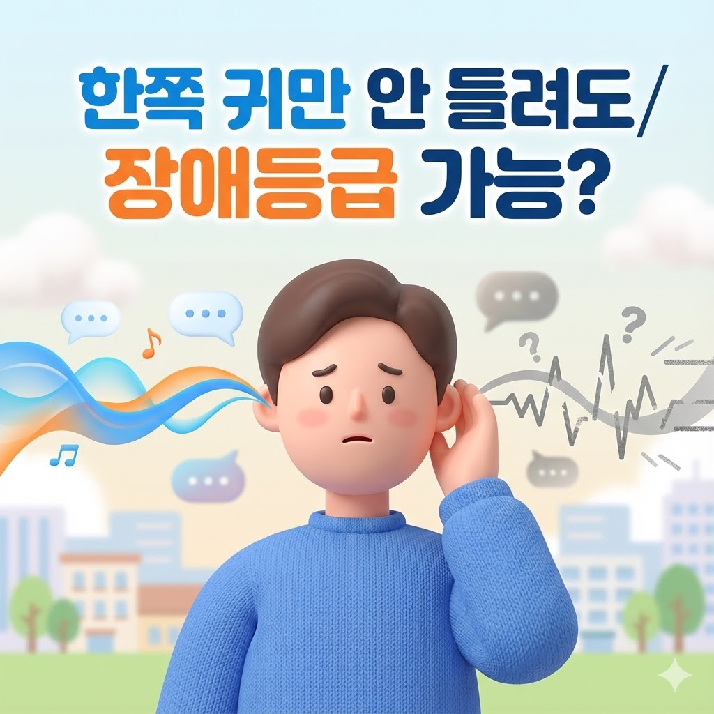 한쪽 귀 난청으로 고민하는 사람이 귀를 만지는 3D 카툰 일러스트, '한쪽 귀만 안 들려도 장애등급 가능?' 문구