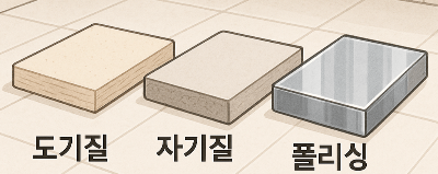 도기질과 자기질, 폴리싱 타일 비교 사진