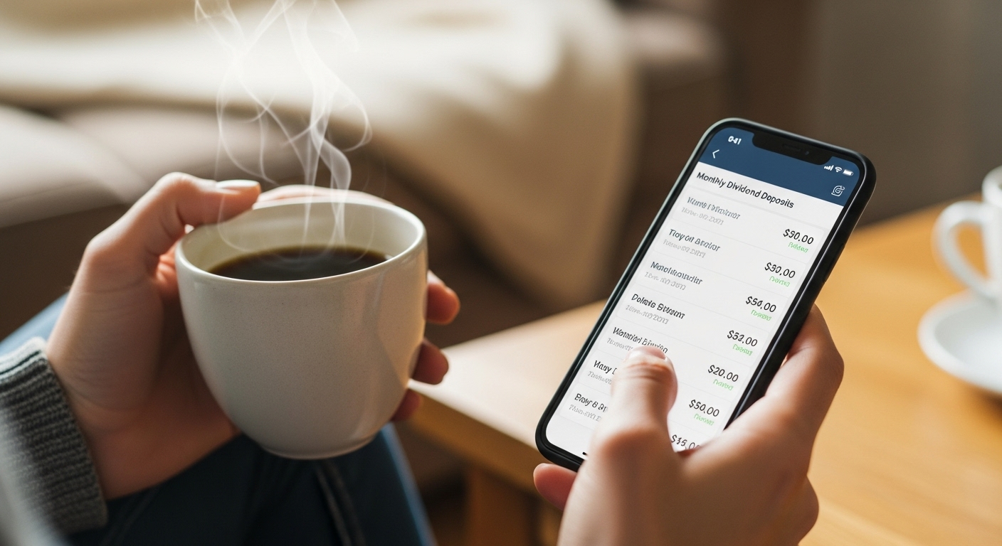 커피를 마시며 스마트폰으로 월별 배당금 입금 내역을 확인하는 사람