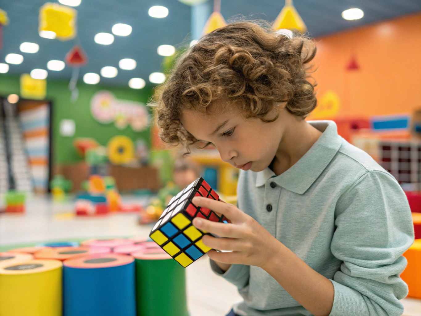 창의적으로 큐브를 맞추는 어린이