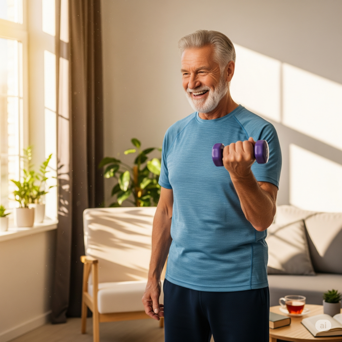 고령으로 보이는 사람이 가벼운 근육운동을 하고있는 모습