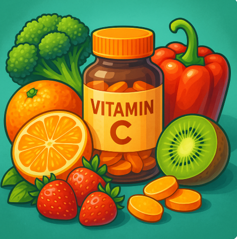 브로콜리, 오렌지, 딸기, 키위, 파프리카 등 비타민C가 풍성한 과일,야채 및 비타민c 보충제를 보여주는 일러스트