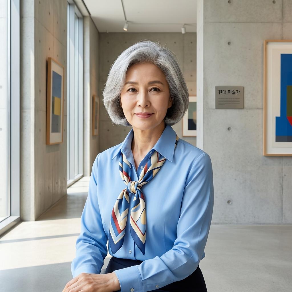 실크 스카프 한 장으로 완성하는 블루 셔츠 포인트 코디