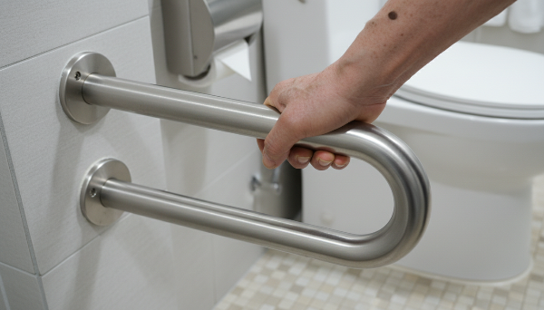 안전한 화장실을 위해 변기 옆에 설치된 튼튼한 손잡이를 잡고 있는 시니어 남성의 손.