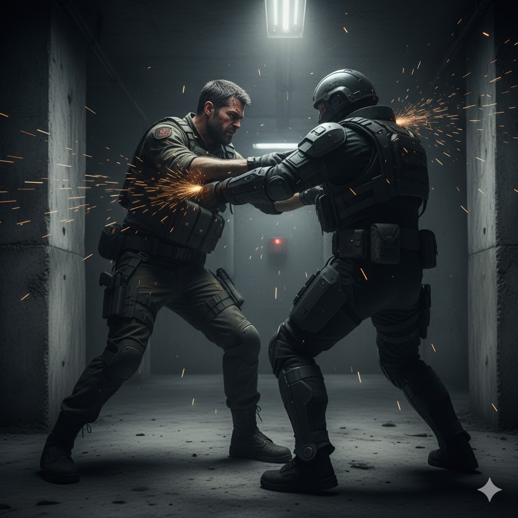 Intense hand-to-hand combat scene in a dark bunker between Kiel and a heavily armored corrupt special forces soldier.
