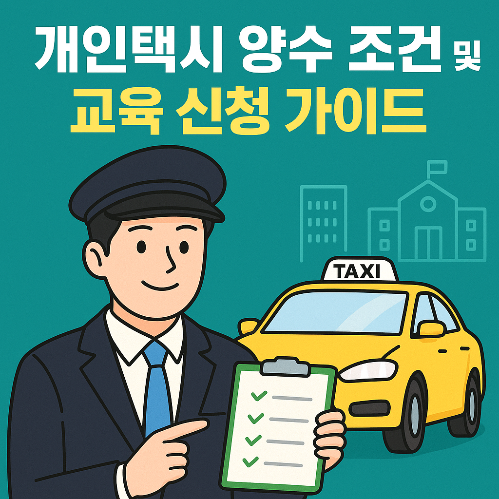 2025년 개인택시 양수 조건과 교육 신청 절차를 한눈에 정리했습니다. 신청 자격, 준비 서류, 교육 일정, 유의사항까지 완벽 가이드로 확인하세요.