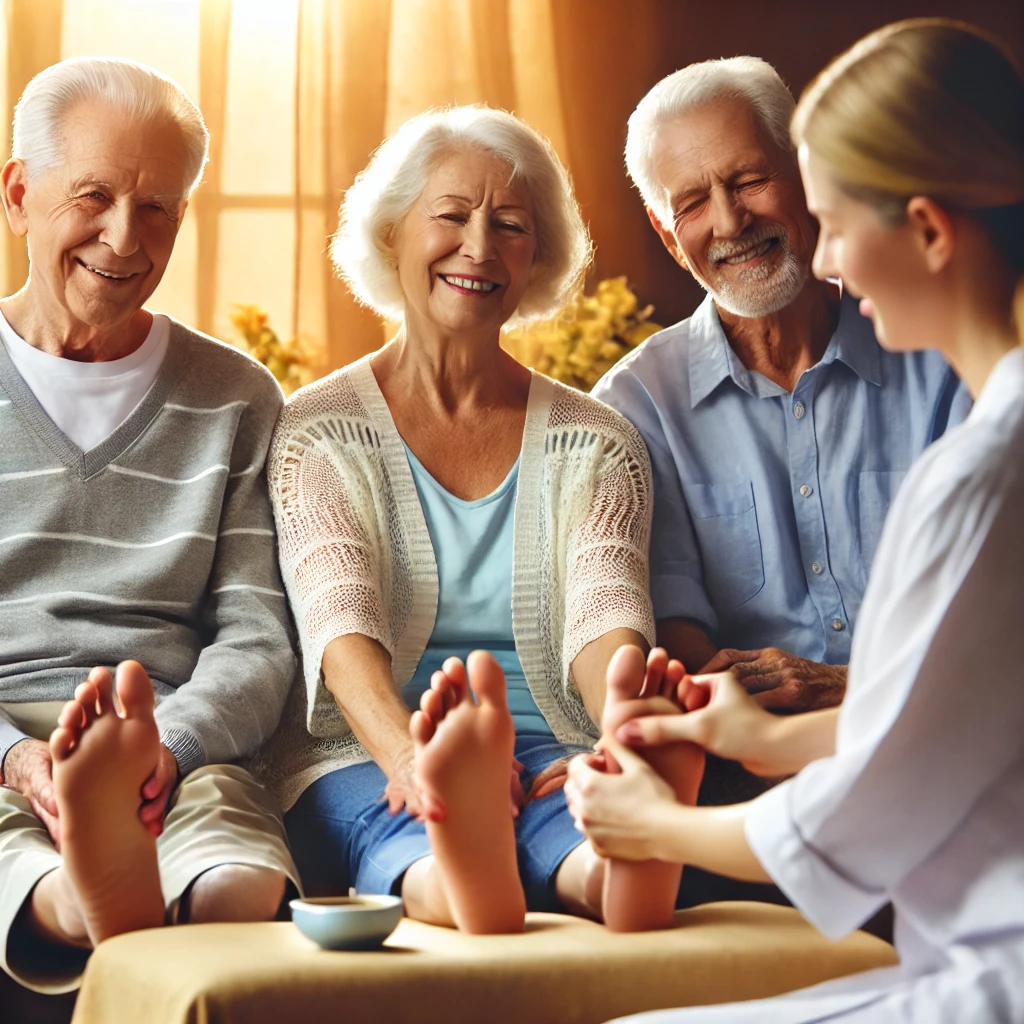 노인들이 발 지압을 받고 있는 모습