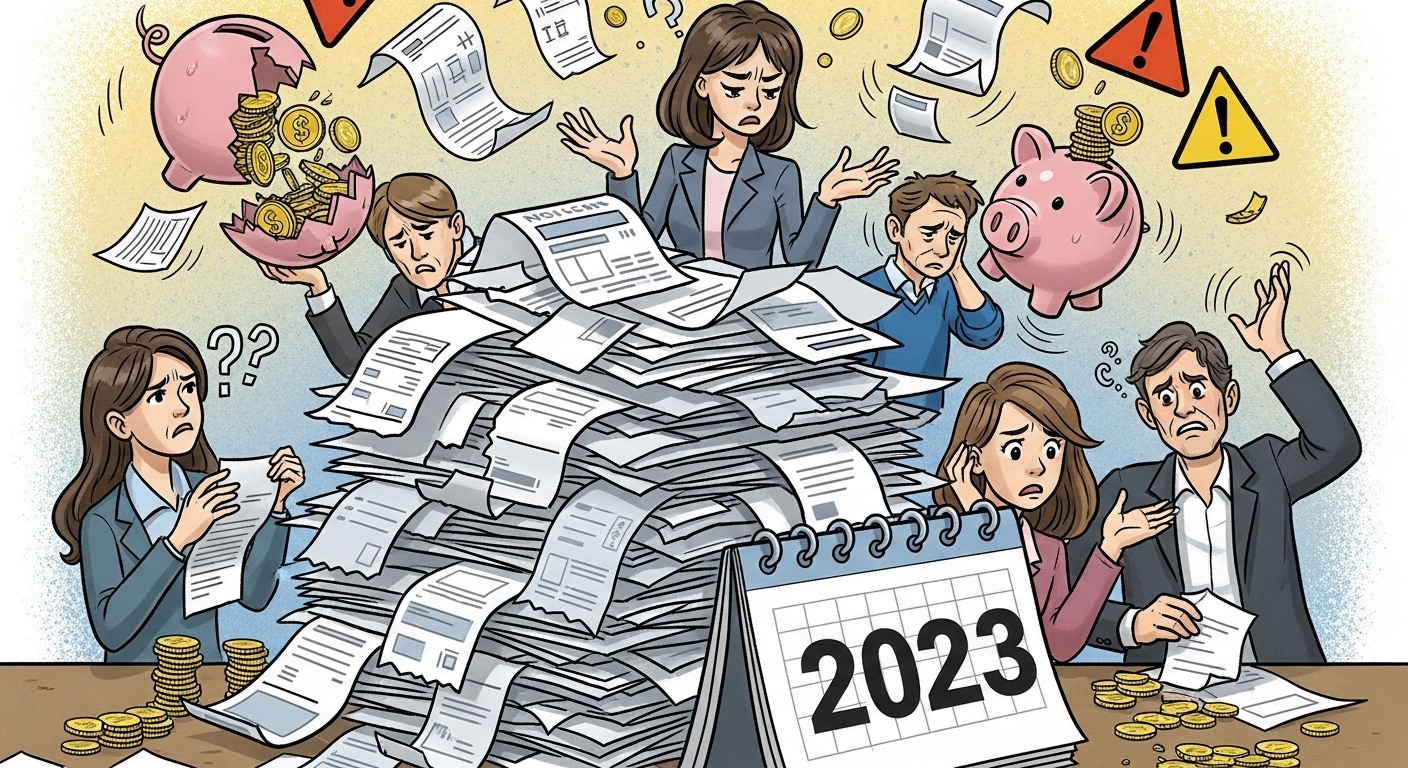 복잡한 고지서와 혼란스러워하는 사람들을 통해 분리 징수 시 발생했던 혼란과 어려움을 상징적으로 보여주는 이미지.