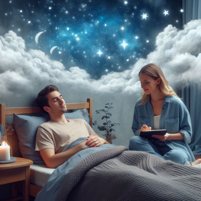 사람이 침대에서 편안히 잠들며 꿈을 꾸고 있는 장면입니다.