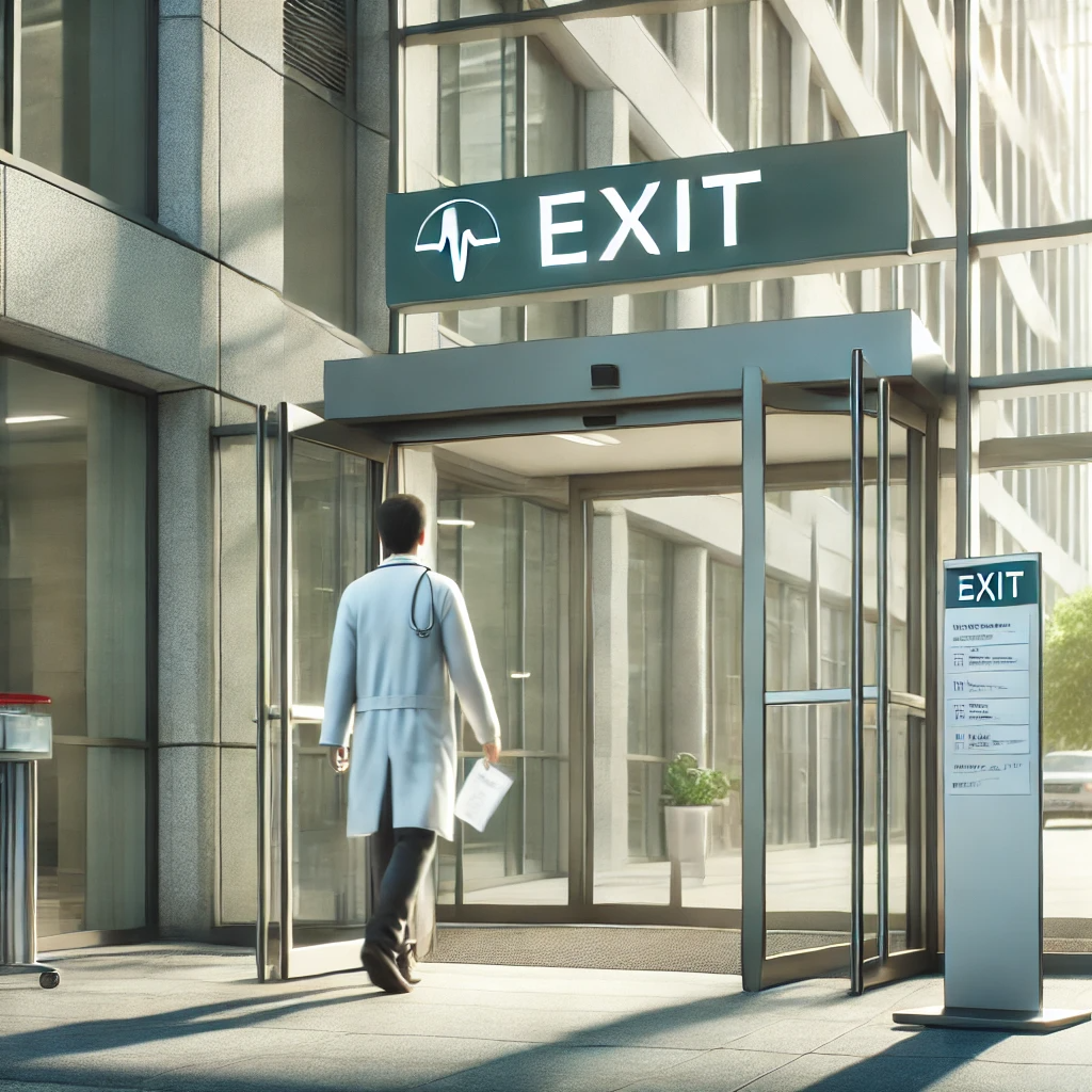 건강검진을 마친 환자가 병원 출입구를 나가는 장면. 환자는 의료 서류와 가방을 들고 있으며&amp;#44; 깨끗하고 현대적인 병원 건물이 유리문과 함께 보입니다. 출입구로 햇빛이 들어와 차분한 분위기를 자아냅니다.