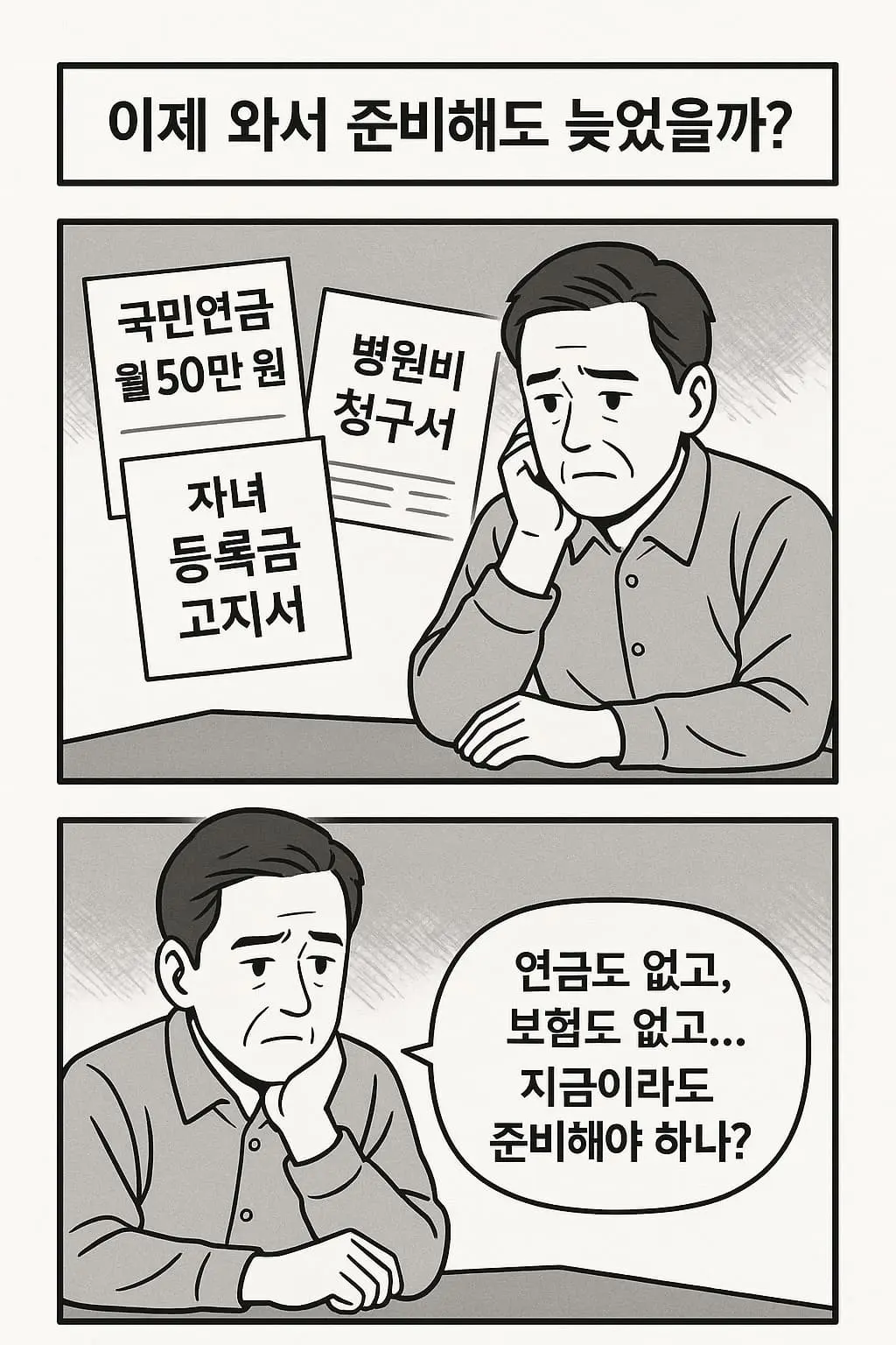 정년을 앞둔 중년 가장이 연금과 보험 부족에 대한 걱정으로 고민하는 모습