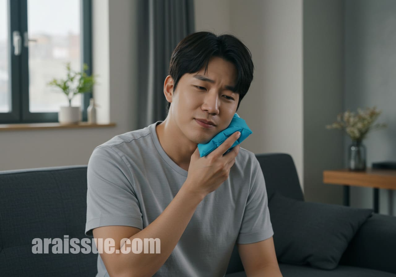 턱 통증을 줄이기 위해 냉찜질을 하고 있는 장면