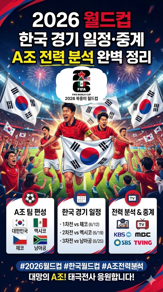 2026 월드컵 일정, 한국 경기 날짜, 시간, 중계 방송, A조 피파 랭킹, 전력 분석, 한국 16강 가능성