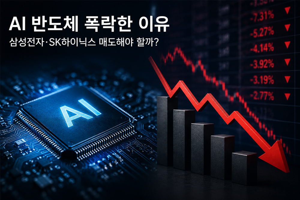 AI 반도체 주가 급락을 배경으로 하락 그래프와 AI 칩이 함께 표현된 이미지. 삼성전자와 SK하이닉스 투자자가 매도 전 반드시 확인해야 할 5가지 핵심 판단 기준을 설명하는 대표 썸네일
