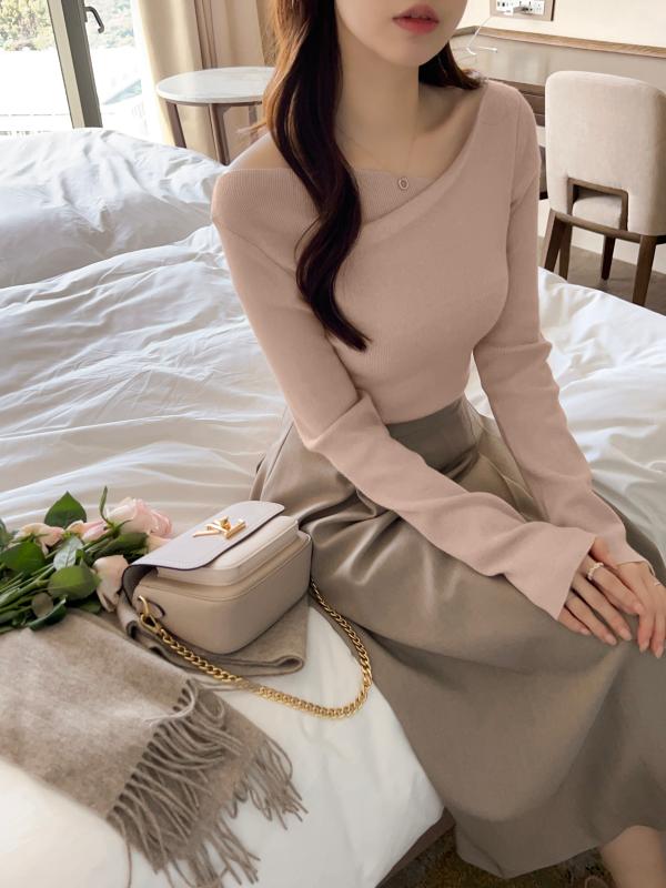 티에 사선 언발 여리 골지 봄 니트