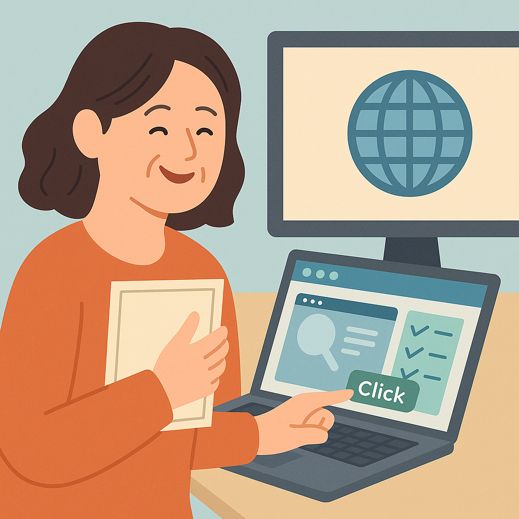 중년 여성이 노트북 앞에 앉아 밝은 표정으로 국비지원 과정을 신청 중이며, 모니터에는 지구 아이콘이 표시되고 화면에는 검색창과 체크리스트가 뜬 장면