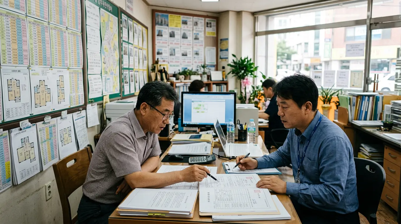 동네 부동산 중개업소 내부에서 50대 남성이 중개사와 함께 근저당 설정 서류를 짚어가며 꼼꼼하게 대화하는 장면
