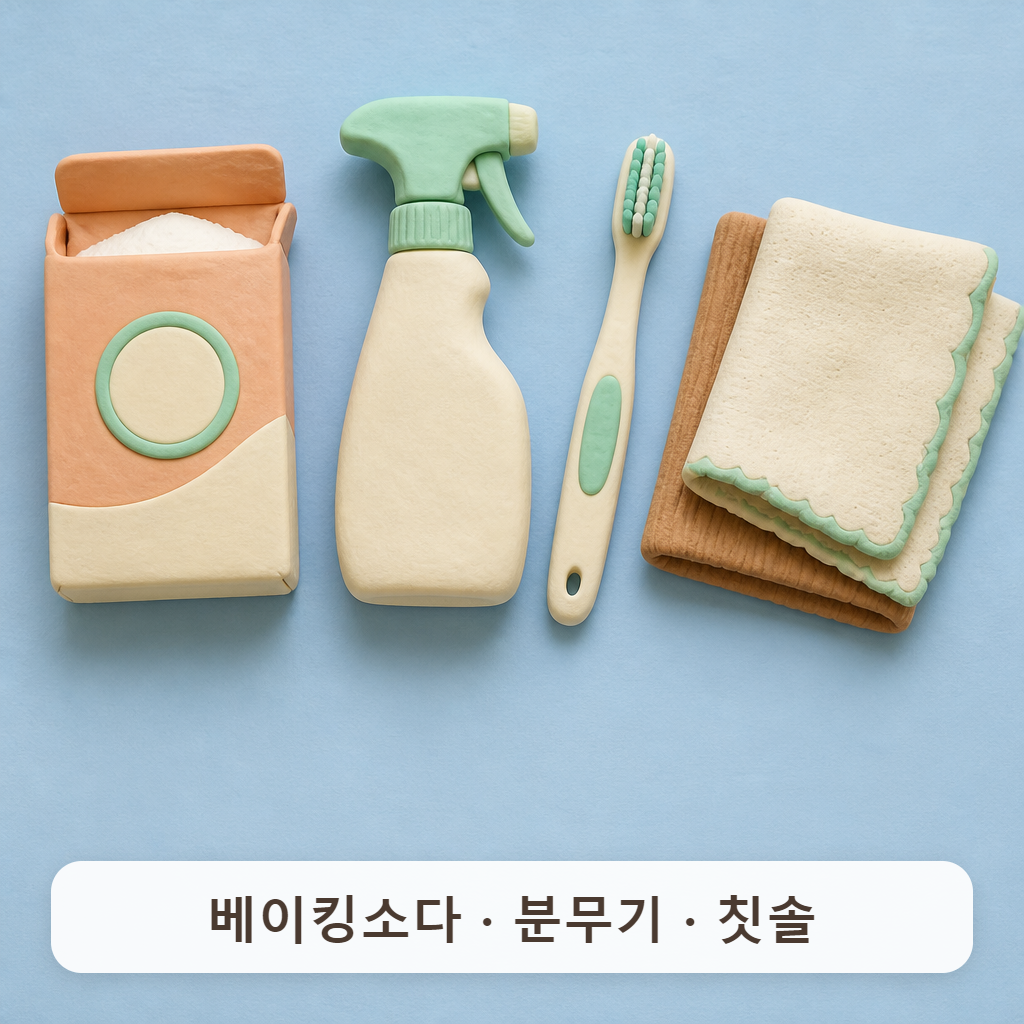 식탁 위에 놓인 베이킹소다 통, 분무기, 칫솔과 마른 행주