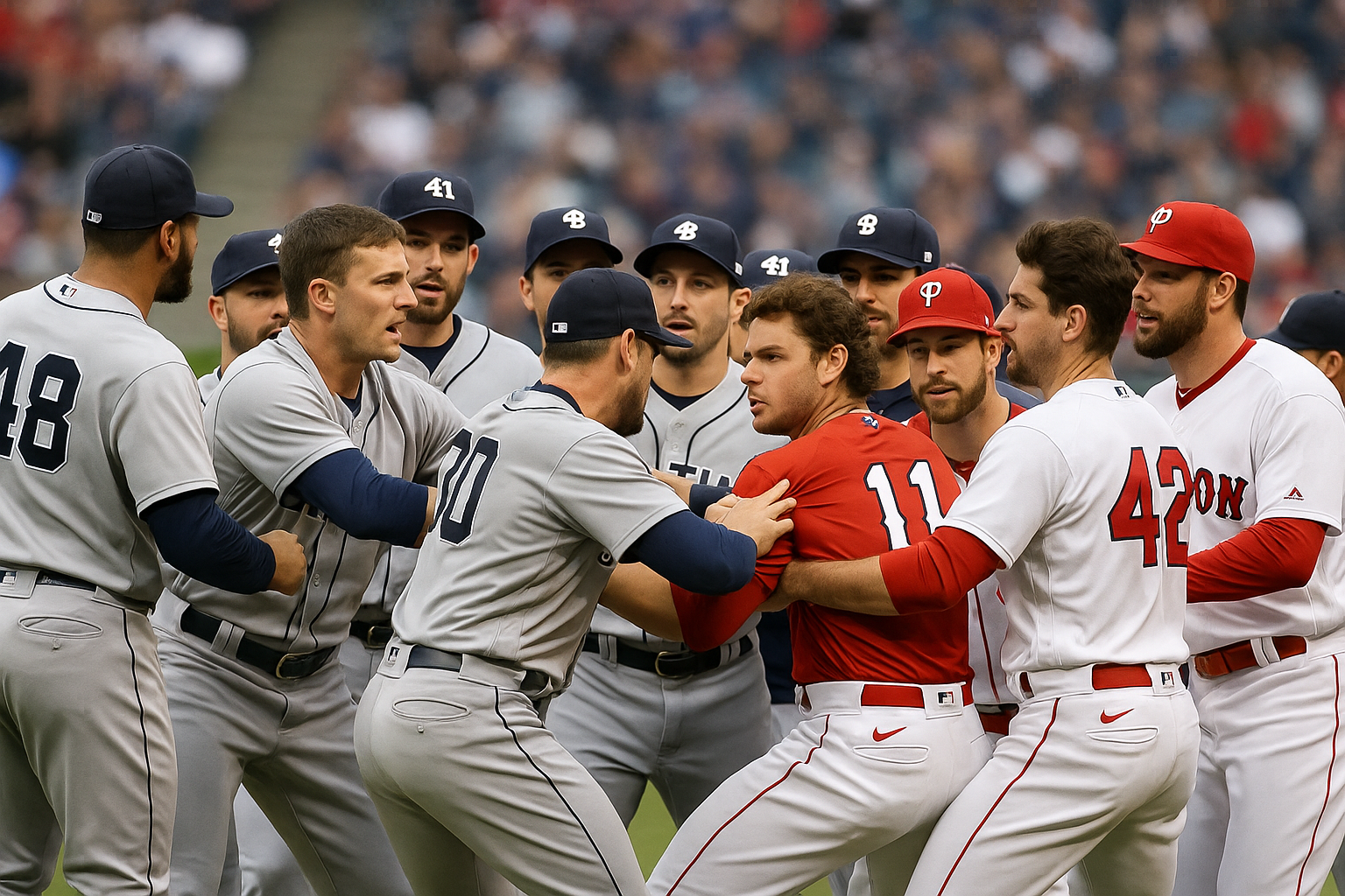 야구 경기 중 양 팀 선수들이 그라운드 위에서 벤치클리어링 상황을 벌이고 있는 모습. 여러 명의 선수가 뛰어나와 서로를 향해 달려가며 긴장감이 고조된 순간을 포착한 이미지.