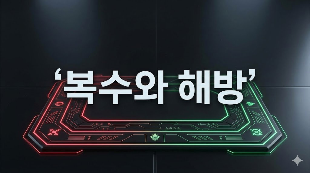 복수와 해방의 테마를 추상적인 기하학 구조로 표현한 이미지.