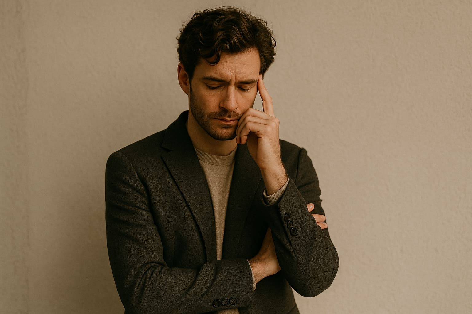 조용한 공간에서 철학적 사유에 잠긴 INFJ 남성&amp;#44; 눈을 감고 깊이 있는 생각을 표현하는 모습