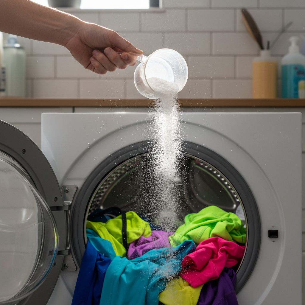 세탁기 내부의 옷감 위에 냄새 제거를 위한 베이킹소다를 넣는 장면