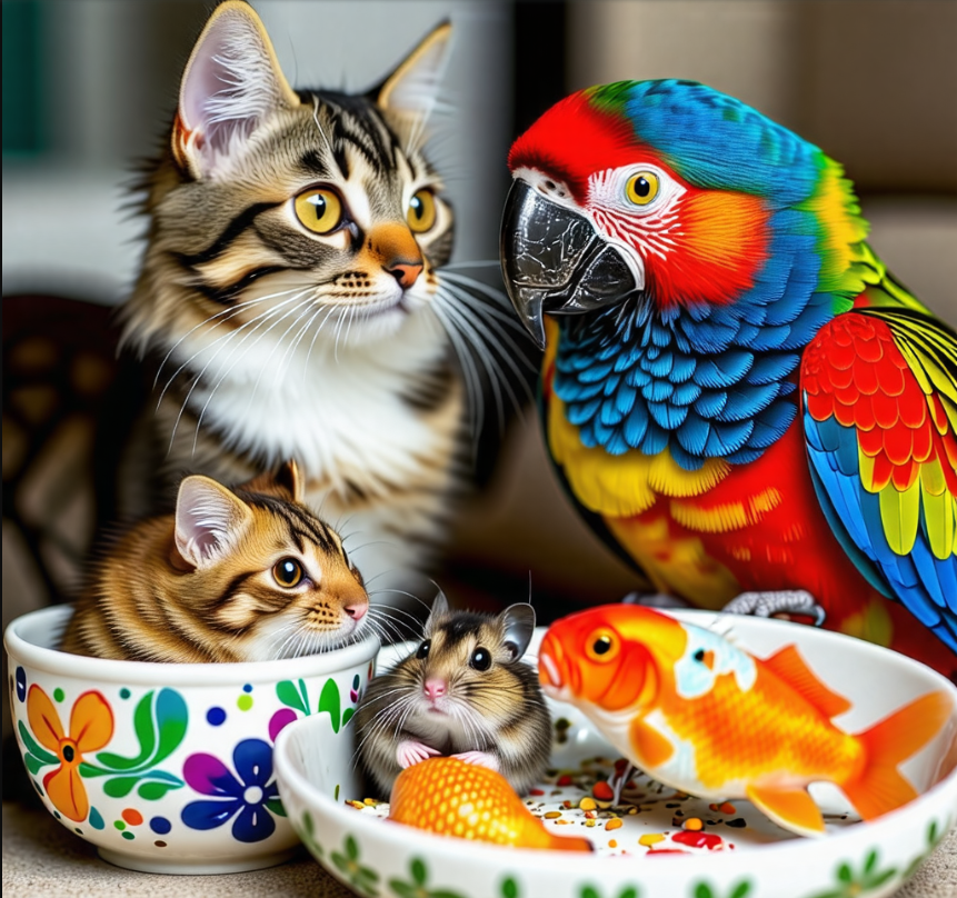 귀여운 고양이,햄스터,물고기,토기,앵무새