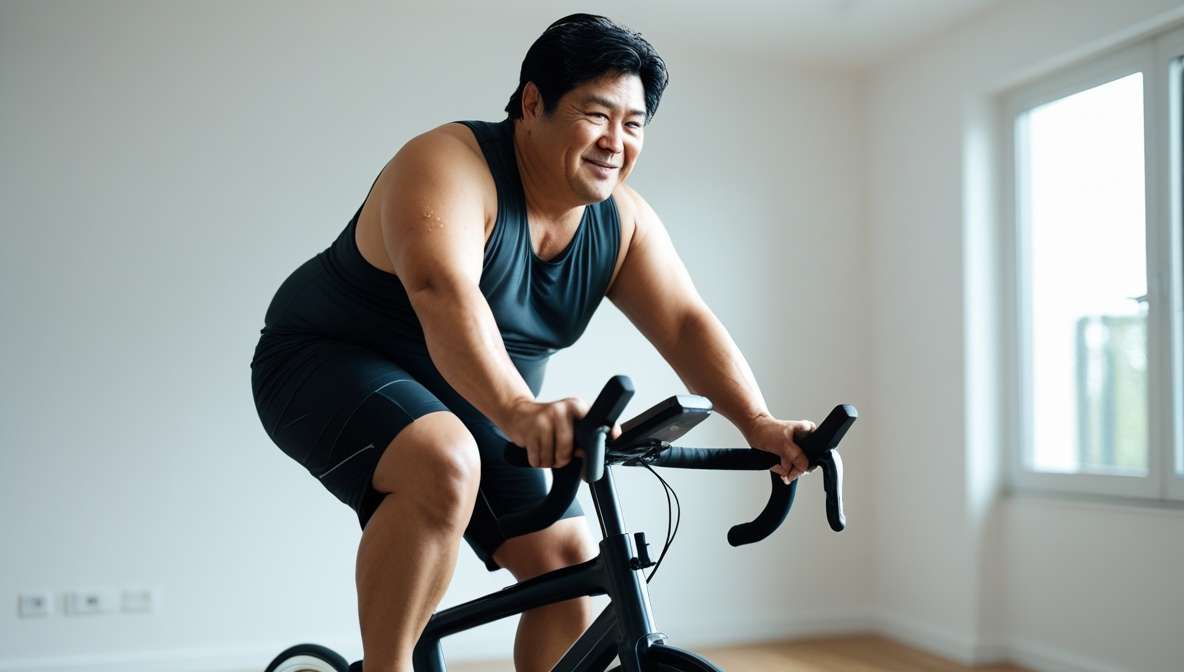 실내 자전거 타면서 힘차게 운동하는 활기찬 50대의 모습