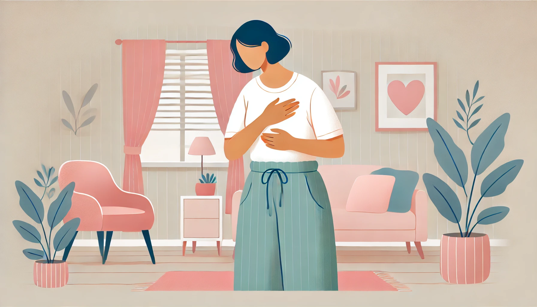 가슴 통증을 느끼는 여성이 실내에서 조용히 가슴을 감싸고 있는 플랫 일러스트