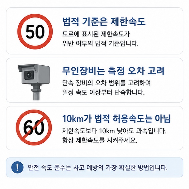 무인단속장비가 측정 오차를 고려해 운영되더라도 법적으로 지켜야 할 기준은 도로에 표시된 제한속도임을 보여주는 그림
