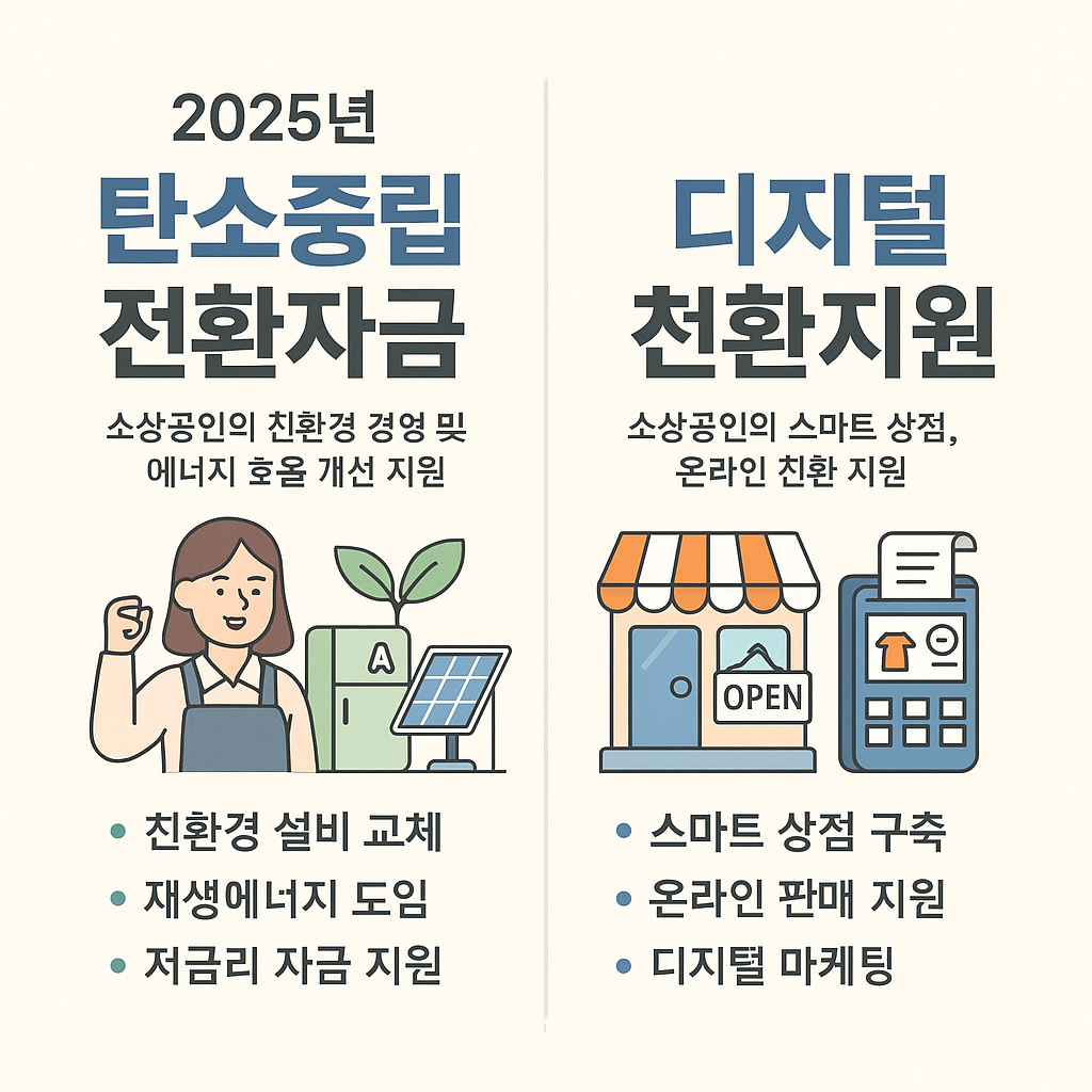 2025년 탄소중립 전환자금과 디지털 전환 지원 인포그래픽 – 소상공인의 친환경 경영과 스마트 상점 온라인 전환 지원 안내