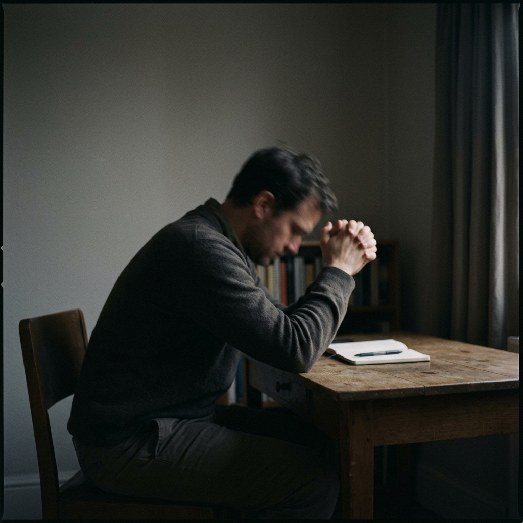 희미한 조명 아래 단순한 책상에 홀로 앉아 긴장감과 불안을 표현하는 모습