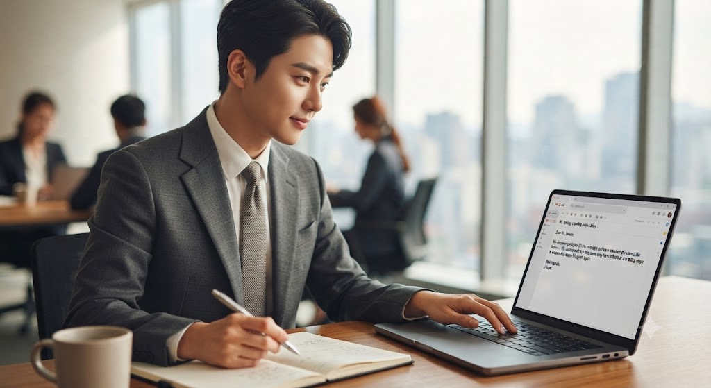 A professional Korean businessman writing a polite business apology email while looking at his laptop and taking notes in a bright modern office.