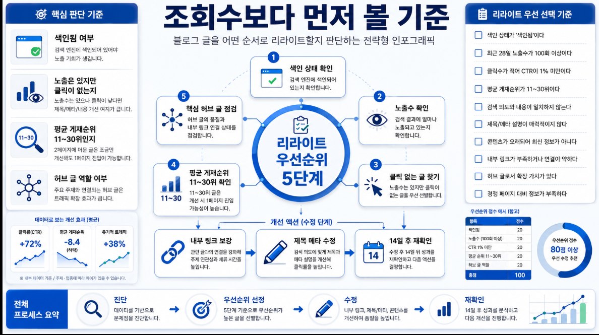 검색 순위 11~30위 글을 성과 보고서 평균 게재순위 검색어 내부 링크 기준으로 수정하는 인포그래픽