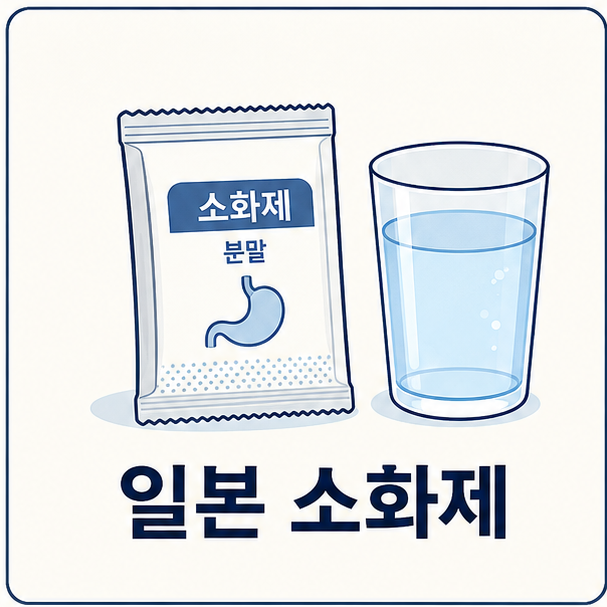일본 소화제 대표 이미지, 가루약 봉지와 물컵을 나란히 그린 일러스트