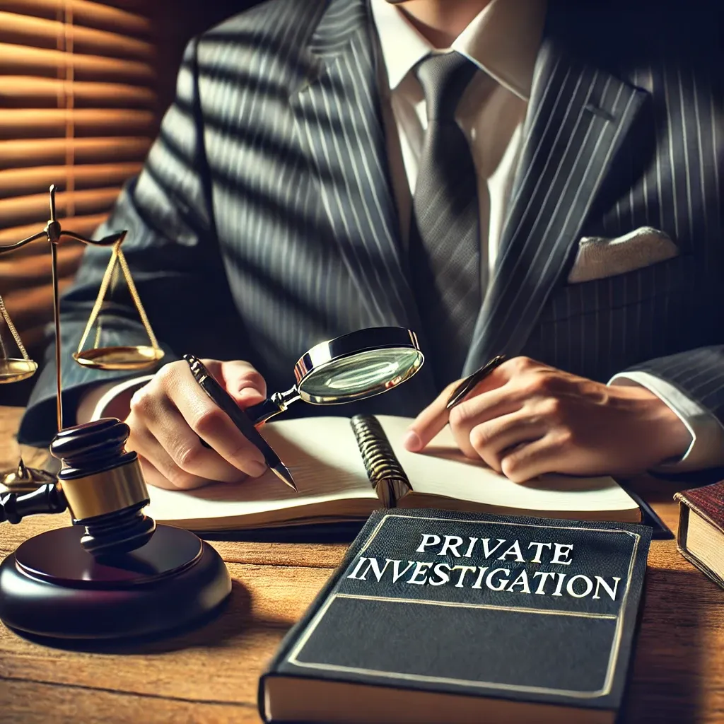 사립탐정이 탐정 관련 법률 문서를 공부하는 모습&amp;#44; 책상 위에 돋보기와 법률 서적이 놓여 있음