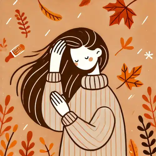 가을 배경에서 건강한 머리카락을 가진 사람이 두피를 관리하는 장면