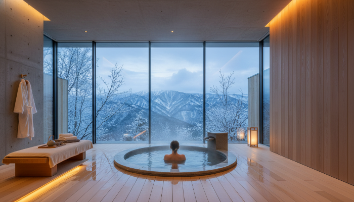 눈 내리는 창밖 풍경을 바라보며 객실 내 프라이빗 노천탕에서 편안하게 휴식하는 모습. 아늑하고 고급스러운 겨울 온천 경험.