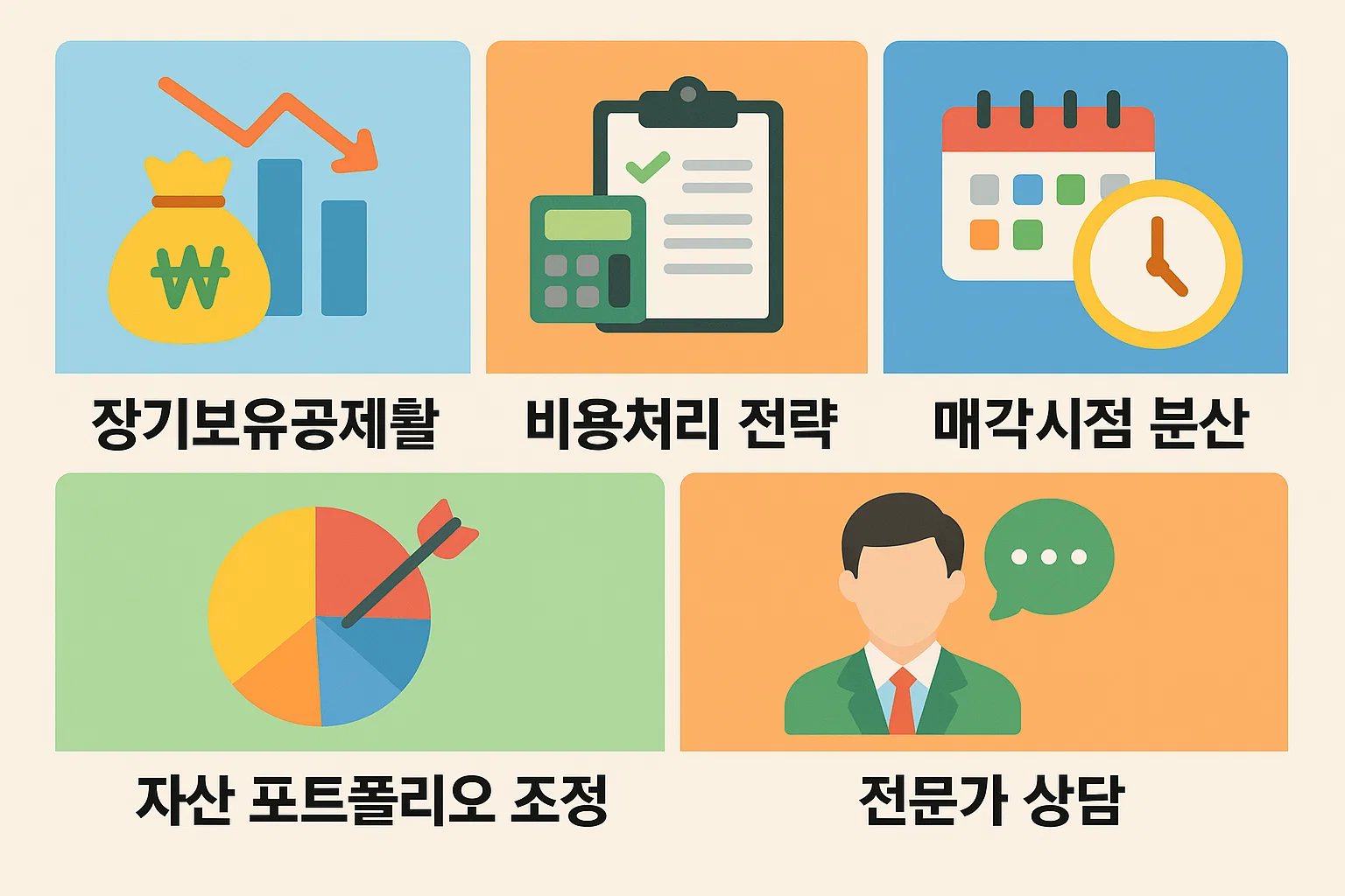 양도소득세 절세 전략으로 장기보유공제 활용, 비용 처리 전략, 매각 시점 분산, 자산 포트폴리오 조정, 전문가 상담을 안내한 인포그래픽