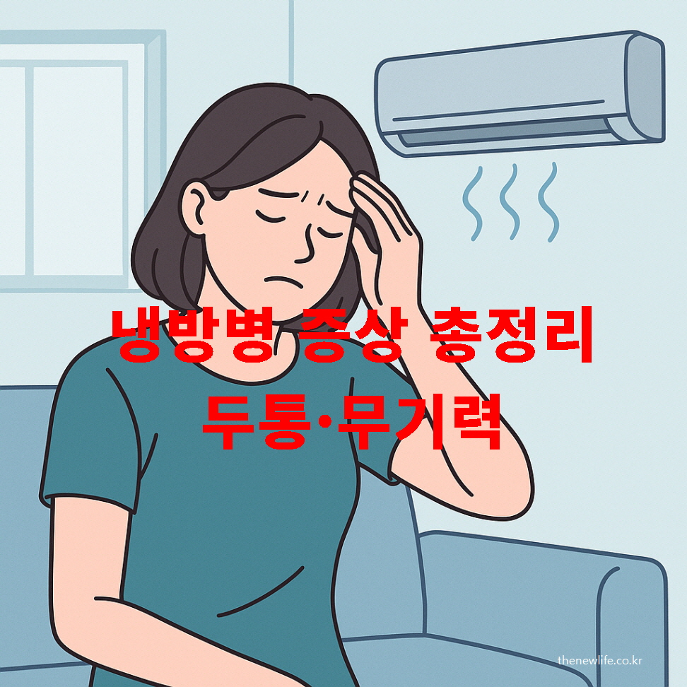 A woman experiencing air conditioning syndrome symptoms like headache and fatigue while sitting indoors.-실내에서 냉방병 증상(두통, 무기력)을 겪는 여성의 일러스트 이미지.